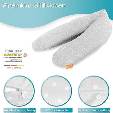 Подушка для годування Joyfill® Premium Stillkissen з мікроперлин, 170 см - ідеальна для сну та годування. Зручна та тиха завдяки наповнювачу з мікроперлин. Бічна подушка для годування, 100% Made in Germany. Сірий колір, в горошок.