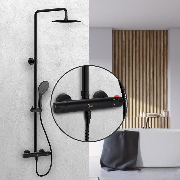 Змішувач для ванни з термостатом Uten, чорний, латунь, 2 виходи, захист 38°C