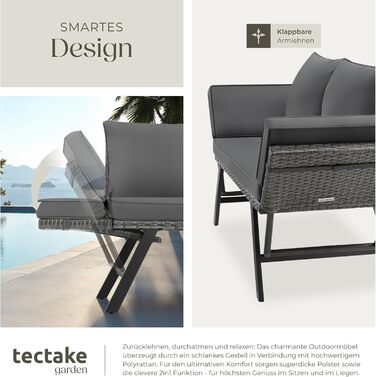 Садовий диван-шезлонг Tectake з ротангу, сірий - вуличні меблі для відпочинку з функцією сну та відкидними підлокітниками