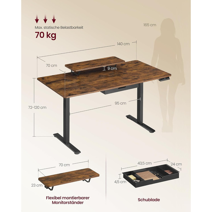 Стіл письмовий регульований по висоті VASAGLE з підставкою для монітора, шухлядою, USB-C та нагадуванням про перерви, 140 x 70 см, Vintage Brown