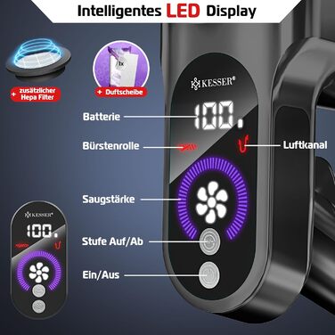 Бездротовий акумуляторний пилосос KESSER® з LED дисплеєм та аромакапсулою | Бездротовий пилосос без мішка з антизаплутаною насадкою, HEPA-фільтром, час роботи до 60 хвилин, для твердих поверхонь та килимів, чорний/червоний