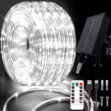 Сонячна LED гірлянда-шланг 20 м, водонепроникна, з USB, 8 режимів, пульт, холодне біле світло, для вулиці, саду, новорічна та весільна декорація