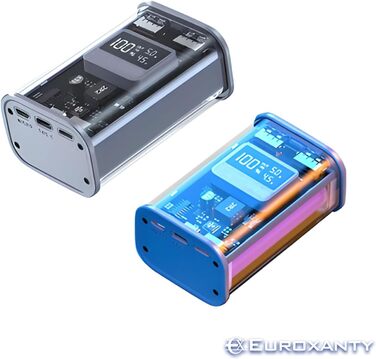 Павербанк EUROXANTY 20 000 мАг портативний акумулятор з РК-дисплеєм Прозорий USB Powerbank синій