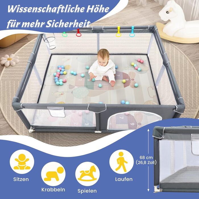 Манеж дитячий CHOLY для немовлят та малюків, 128x128 см, сірий з килимком 150x180 см - безпечний, міцний, з сіткою та захистом