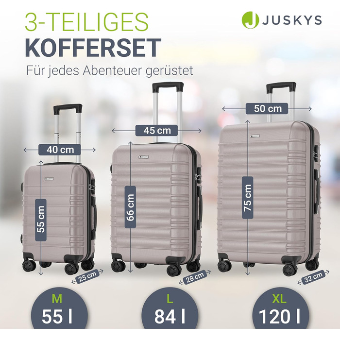 Набір валіз Juskys Hartschale 3-в-1 з кодовим замком, тихими колесами 360°, телескопічною ручкою, легкий, колір шампань