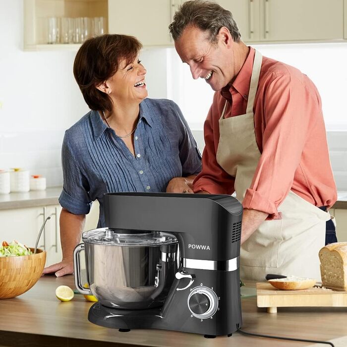Кухонна машина POWWA 5.5L з 6 швидкостей, 1500W, для замішування тіста, з міксером, гаком для тіста та насадкою для збивання, чорного кольору