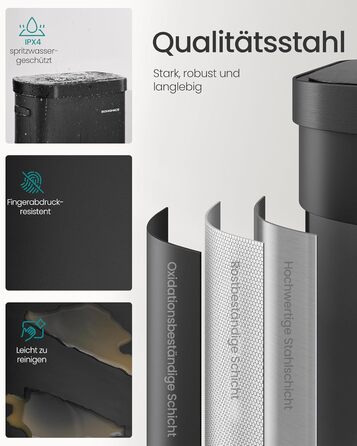 SONGMICS Сміттєве відро з сенсором, автоматичне, 50 л, відкриття рухом руки/дотиком, Softclose-кришка, сталь, 15 мішків, чорний LTB640B02