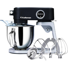 Кухонна машина 5л з місткою чашею з нержавіючої сталі, для тіста, піци, з таймером та 8 режимами. В комплекті: міксер, гак для тіста, вінчик, гнучкий вінчик. Чорний колір.