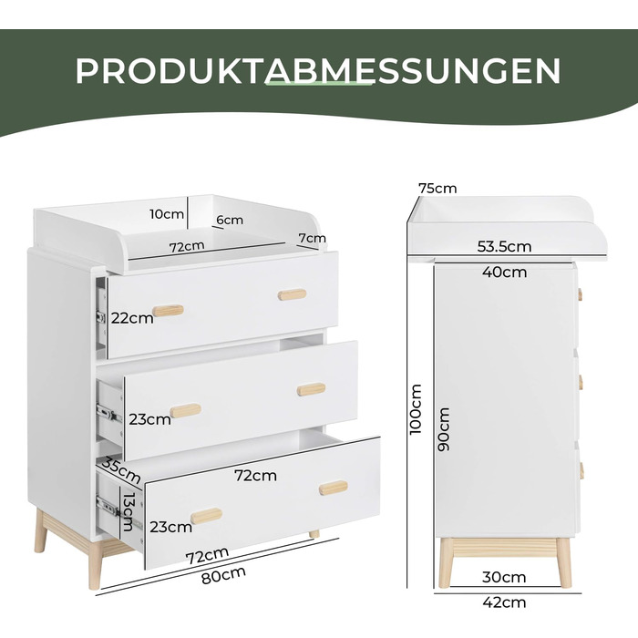 Комод з пеленальним столиком Rebecca Mobili, Aqua Grün Braun, колір блакитно-зелений, матеріал: сосна, MDF, компактний, знімний пеленальний столик, розміри 100 x 80 x 42 см, артикул RE6985