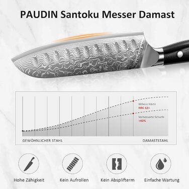 Японський ніж Santoku PAUDIN з дамаської сталі 13 см - професійний кухонний ніж для кухні, надзвичайно гострий, з ергономічною ручкою G10