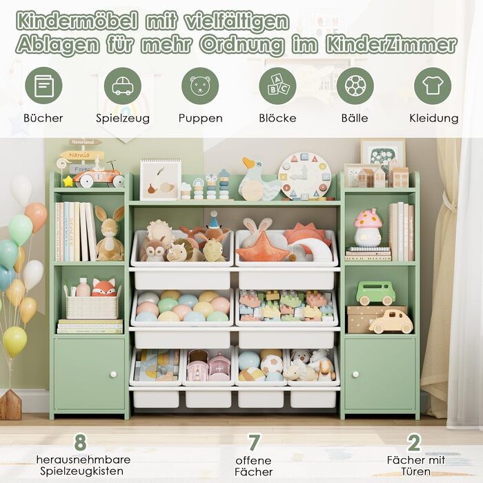 FOREHILL Регульована полиця для іграшок з 8 ящиками, дитячий шафка, книжкова полиця для дітей, меблі для дитячої кімнати з ящиком для іграшок, 138,8 x 94,3 x 29,6 см, білий (зелений)