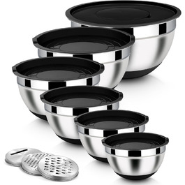 Набір місок Homikit з нержавіючої сталі, 6 шт. з тертками, кришкою та силіконовим дном, 4.6/2.8/2.5/1.6/1.2/0.7 л, чорний