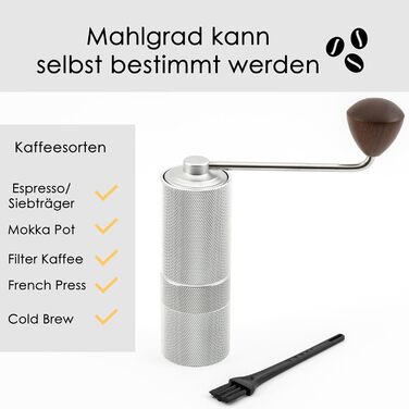 Ручна кавомолка з прецизійним жорновим механізмом з нержавіючої сталі та дерев'яним ручним грифом - для еспресо, з нержавіючої сталі (срібляста матова)