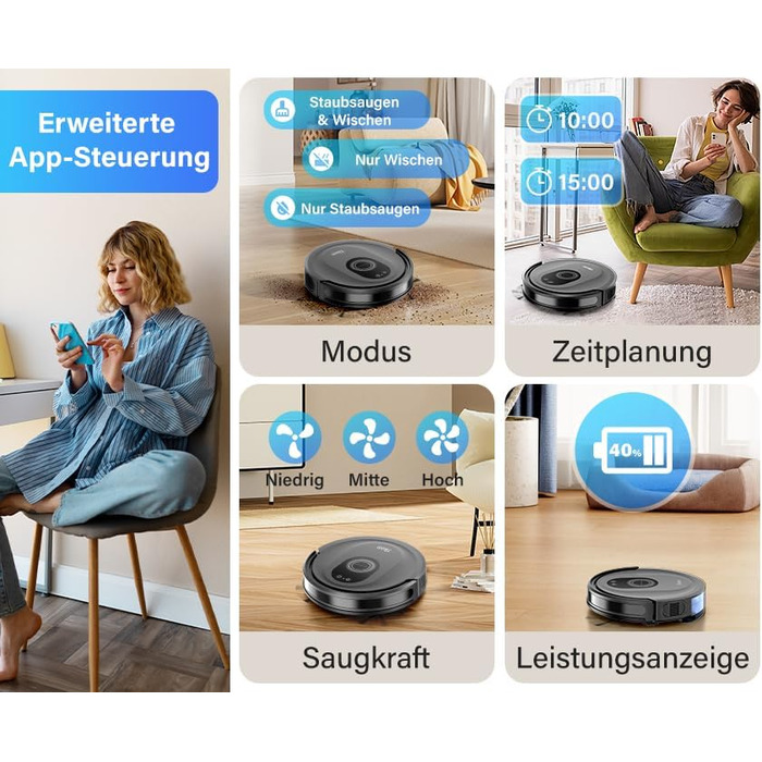 Робот-пилосос 2-в-1 з функцією миття підлоги Tikom G8000 Max, 5000Pa, самостійна зарядка, Wi-Fi, 150 хв, для тварин, килимів, твердих підлог, чорний