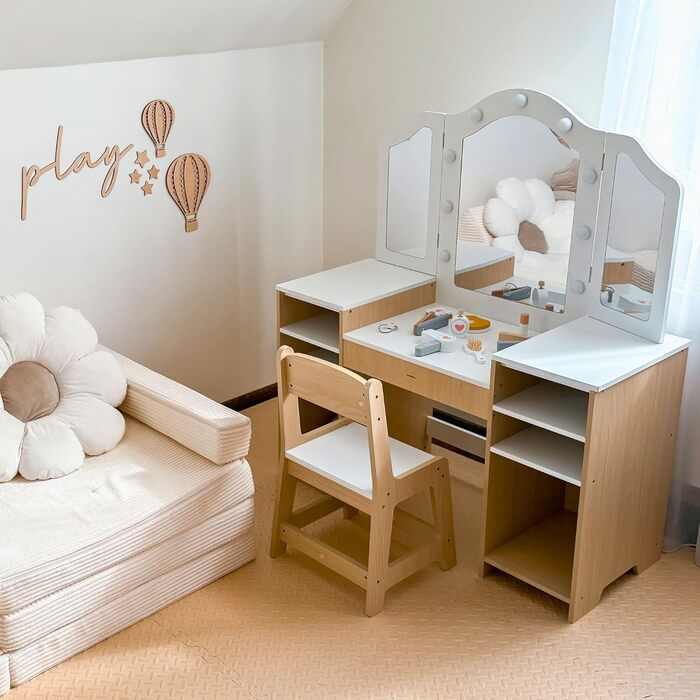 Детський туалетний столик Mamabrum XXL з дерева з пуфом та LED-дзеркалом. Туалетний столик для дівчаток з ящиком, аксесуарами та світлодіодним дзеркалом, від 3 років (MAM238 VANITY TABLE)