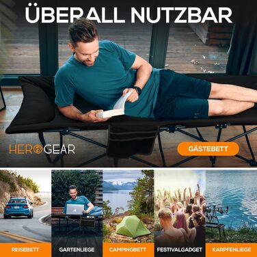 Складане польове ліжко HEROGEAR з бавовняним наповнювачем, інтегрованою подушкою та матрацом, гостьове ліжко для кемпінгу, пляжу, саду, подорожей, для дорослих, розмір 190x67 см
