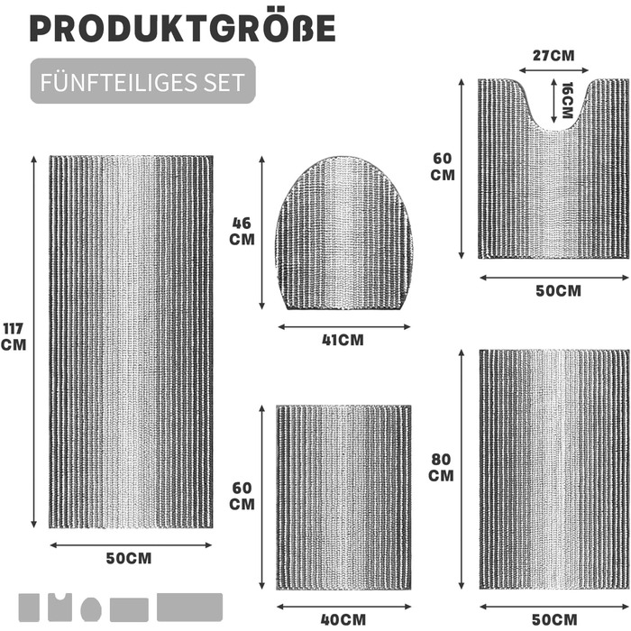 Набір килимків для ванної Chakme Chenille, нековзний, 3 шт. и, можна мити, упаковка з 5 шт. , темно-сірий
