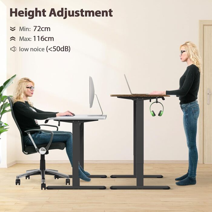 Електричні ніжки для столу з регулюванням висоти, з потужним мотором, на коліщатках, з 3 рівнями пам'яті та захистом від зіткнень, 72-116 см