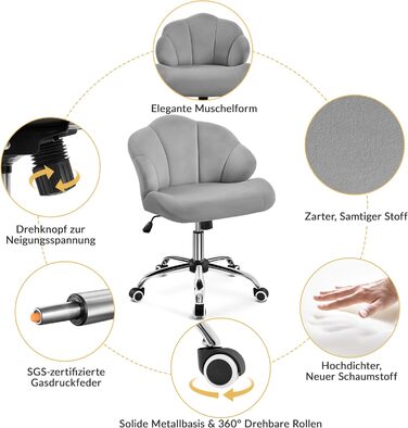 Крісло для дому та офісу Yaheetech, крісло для макіяжу, офісне крісло з регулюванням висоти, поворотне, з м'якою спинкою у формі мушлі, на коліщатках, з велюру, до 136 кг, білий (світло-сірий)