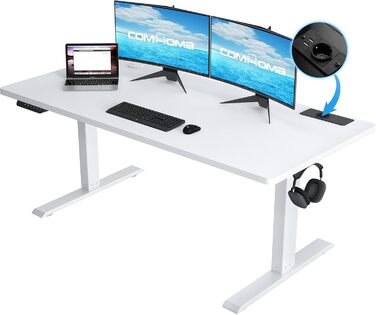COMHOMA Регульований стіл 160x70 см з USB-роз'ємом та гачками, електричний, для роботи, стоячи/сидячи