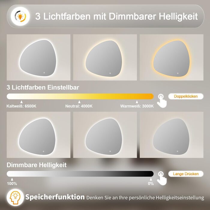 Дзеркало для ванної кімнати Badspiegel 70x50см з підсвічуванням 3 кольори, сенсорний вимикач, прямокутне, для ванної/вітальні, енергоклас A++
