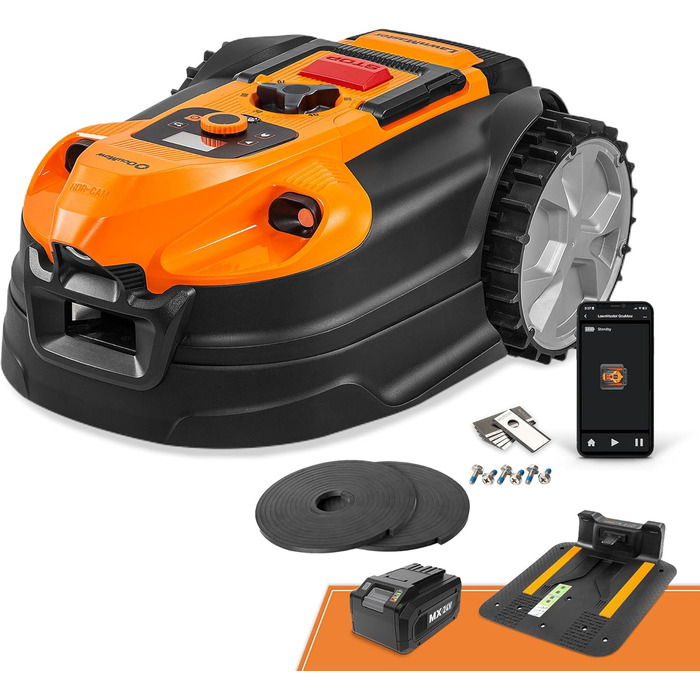 Газонокосарка-робот LawnMaster VBRM18AMID4R без обмежувального дроту, для газонів до 800 м², акумулятор 4 А·год, оптична навігація, уникнення перешкод, автоматична зарядна станція, функція забороненої зони, WiFi та Bluetooth управління через додаток