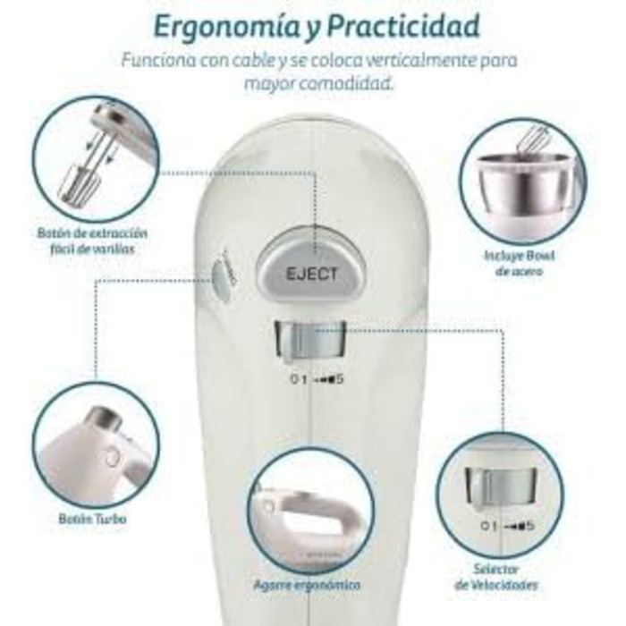 Міксер Grunkel AM-350TURB05BOWL з 5 швидкостями, білий (350 Вт) - з чашею та набором насадок для замішування та збивання