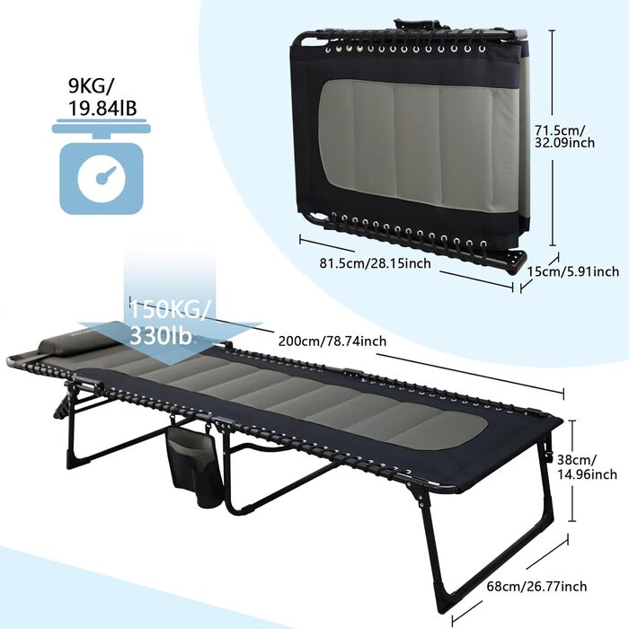 Велике розкладне шезлонге для саду: Outdoor, XXL, 5 положень спинки, до 150 кг, з подушкою та кишенею, 200x68 см, сірий