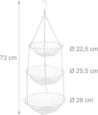 Підвісний кошик для фруктів Relaxdays, 3 яруси, сталь, Ø 28 см, білий (60 символів)