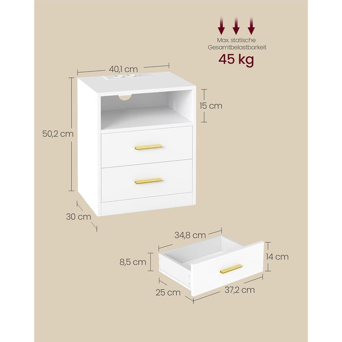 VASAGLE Custos: Набір з 2 тумбочок з LED-підсвіткою та зарядкою, білий, з шухлядами та USB-портами