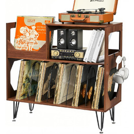 Підставка для програвача вінтаж 4 яруси, дерев'яна полиця для платівок з місцем для зберігання 300+ альбомів, підставка для вінілових пластинок для вітальні, спальні, офісу (горіх)