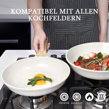 Сковорода з керамічним антипригарним покриттям GiPP – 24 см, здорова, нетоксична, для індукційних плит, без PFAS та PFOA, можна мити в посудомийній машині, з холодною ручкою, білий колір (білий, кришка 30+ см)