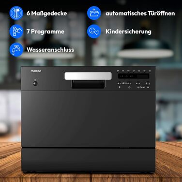 MEDION Посудомийна машина DWT60 (6 комплектів, 7 програм, ECO, AquaStop, LED дисплей, захист від дітей), чорна