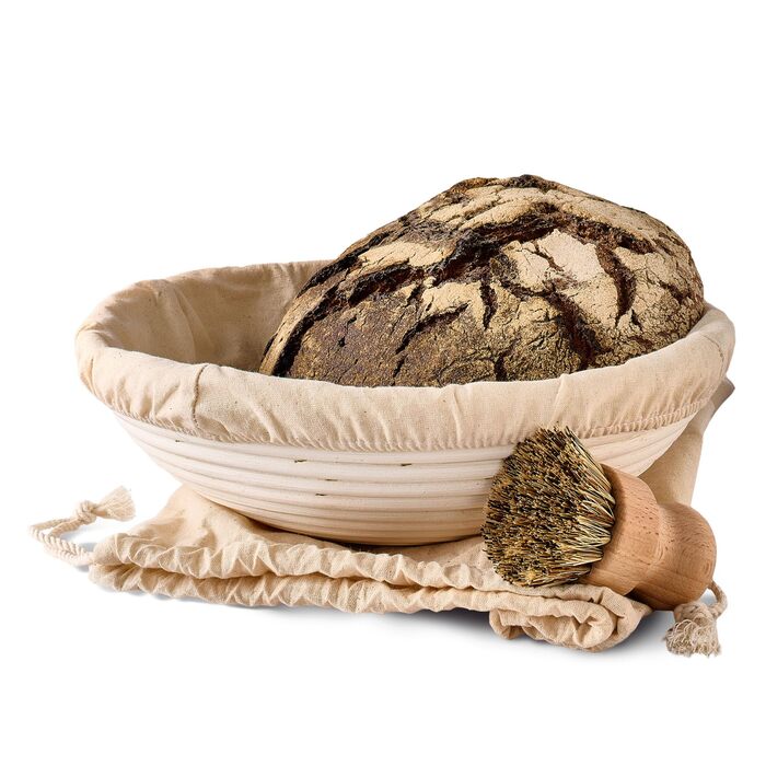 Набір для хліба Praknu: 2 кошики з ротангу, щітка, льонова вставка та мішечок для хліба (30см)