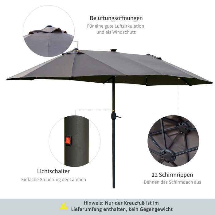 Парасолька Outsunny 440 x 260 см з LED підсвічуванням, подвійна парасолька з ручною рукояткою, овальна парасолька патіо з металу, темно-сірого кольору
