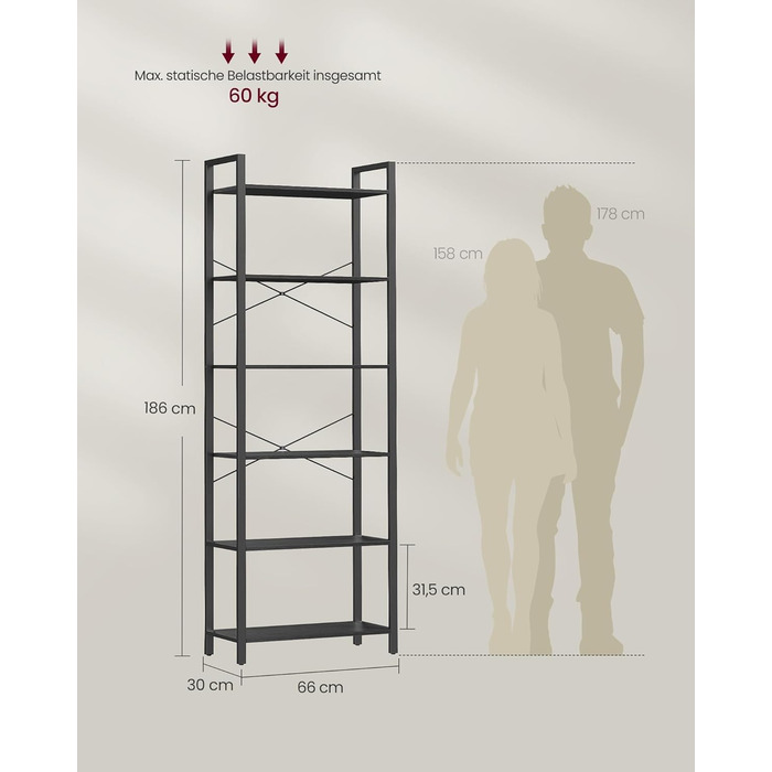 Стелаж VASAGLE з 6 полицями, сталевий каркас, для вітальні, спальні, кабінету, 30 x 80 x 186 см, індустріальний дизайн, вінтажний колір, LLS082B01