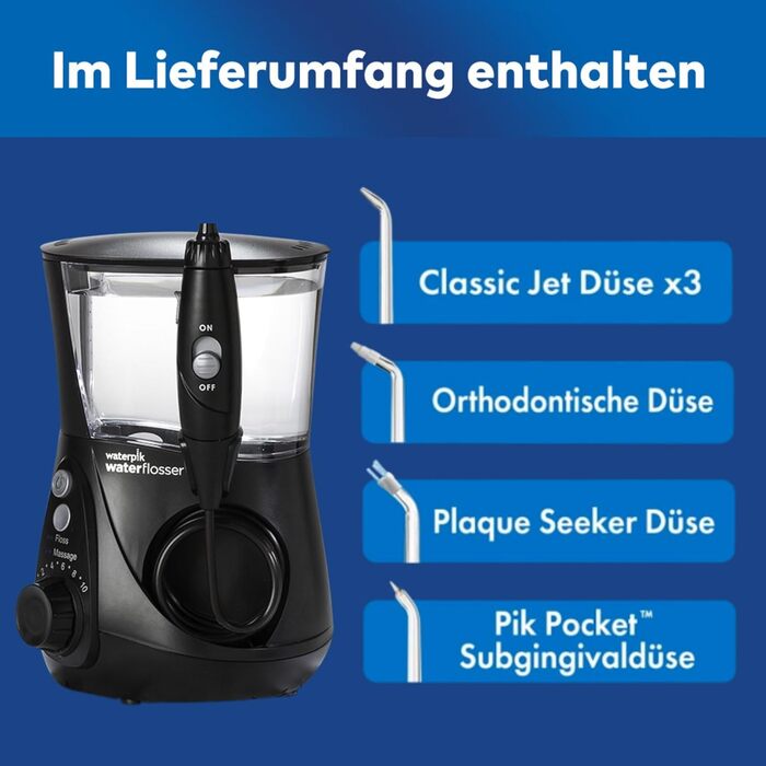 Waterpik Професійний іригатор, Тест-переможець 2025, Технологія Precision Pulse, Сертифікат TÜV, видалення нальоту до 99,9%, 6 насадок, 10 режимів, таймер, чорний