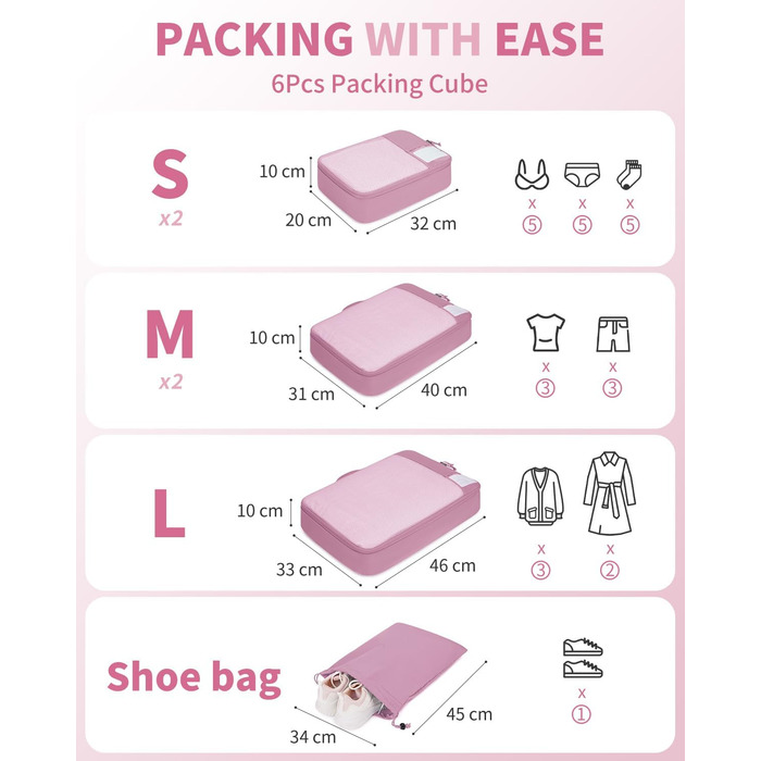 Набір органайзерів для валізи ECOHUB, 6 шт. — Подорожні сумки-кубики з ID-тегами, дихаючі легкі органайзери для одягу та рюкзака з перероблених матеріалів (Темно-рожевий)