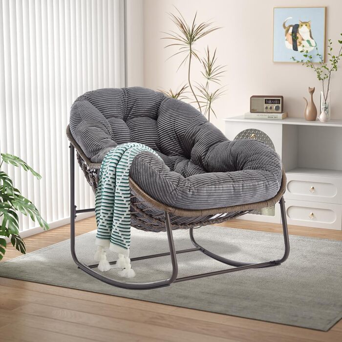 Крісло-гойдалка LIFEISLE з ротангу, для вітальні, балкону, саду, внутрішнє та зовнішнє використання, крісло-яйце, Cord White (тканина Cord, сірий)