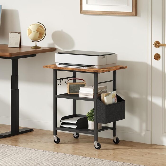 Трирівневий стіл для принтера з ящиком, контейнер на коліщатках, стійка для принтера, полиця для зберігання, в стилі індустріального лофту, з бічною кишенею, дерев'яна полиця, 2 S-гачки, для домашнього офісу, рустикально-коричневий та чорний, APTHR2501, 5
