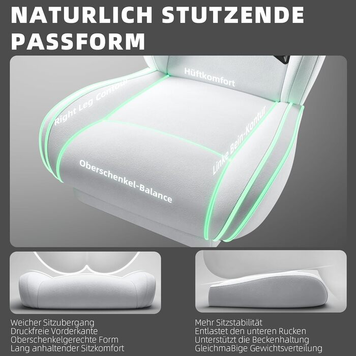 Ігровий крісло Dowinx з регульованою висотою масажного поперекового підтримувача, ергономічний дизайн, м'яка мікрофібра велюр, посилене сидіння, підголовник та підніжка в комплекті, регулювання на 155°, (Білий, Титан)