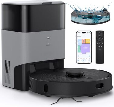 Робот-пилосос з функцією миття та станцією самоочищення, об'єм 3.5л, для килимів та шерсті тварин, з керуванням через додаток та Alexa, LiDAR навігація, час роботи 180 хвилин (світло-чорний)