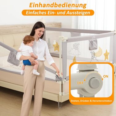 Бортики для ліжка дитячі 3 шт. (2x200 см + 1x180 см) складані, захист від випадання, малюнок - слоники