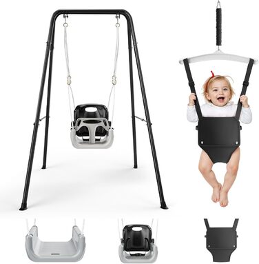 Набір 4-в-1: гойдалка та дверний вистрибувач для малюків, дитячий гойдалковий набір з металевим складним стійкою для дому та вулиці, легка збірка та зберігання (Чорний)