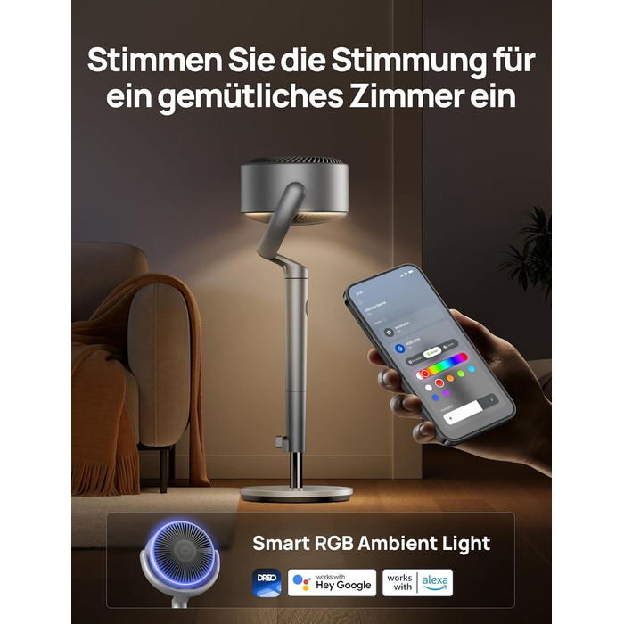 Вентилятор підлоговий Dreo з Wi-Fi та LED, 102 см, 8 швидкостей, 3 режими, тихий 20dB, велика потужність, срібний