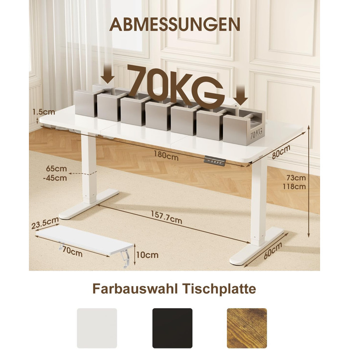 Електричний стіл Devoko з регулюванням висоти та підставкою для монітора, пам'ять 2 положення (білий, 180 x 80 см)