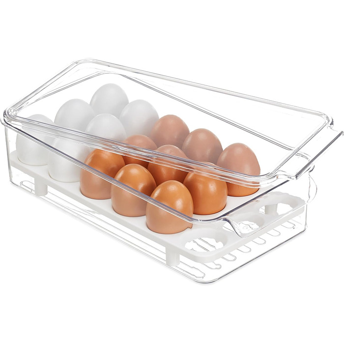 Коробка для яєць Relaxdays, 18 яєць, органайзер для холодильника, HBT 8x16,5x31,5 см, прозора/біла (50 символів)