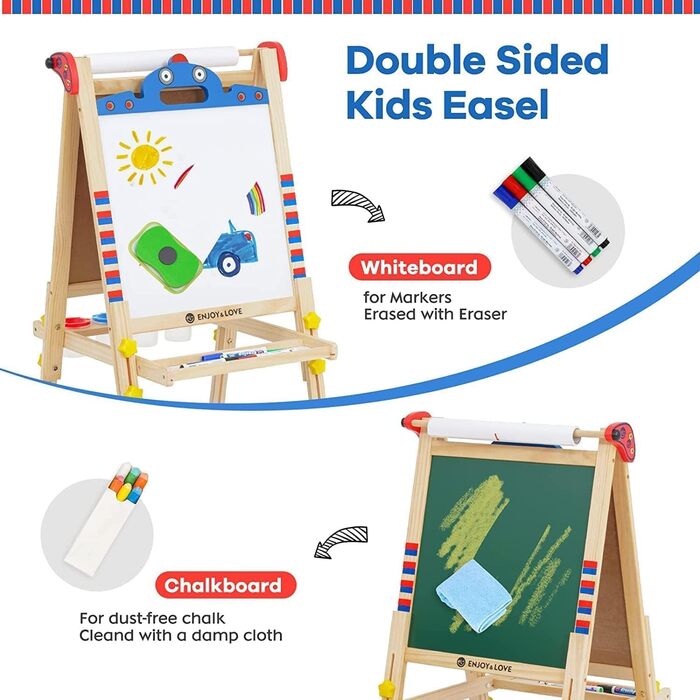Дитяча мольберт Kinder Staffelei з двома сторонами, регульована висота, з роликом для паперу, аксесуари, підставка для речей (робот)