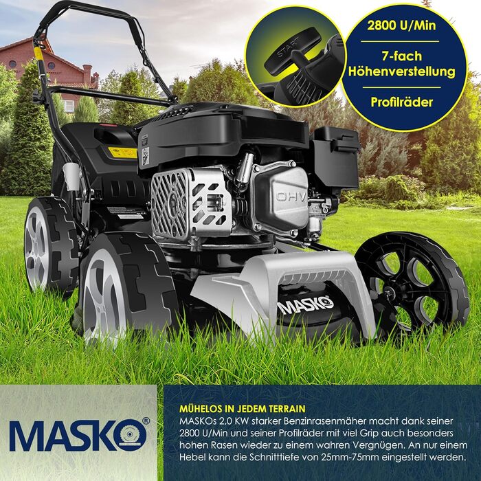 Бензиновий газонокосарка MASKO® 5in1 | Ширина косіння 51 см | 8 положень висоти | 4-тактний OHV двигун 6.0 PS | Об'єм кошика 65 л | В комплекті набір для мульчування та бічний викид (ширина 42 см, чорний/сірий)