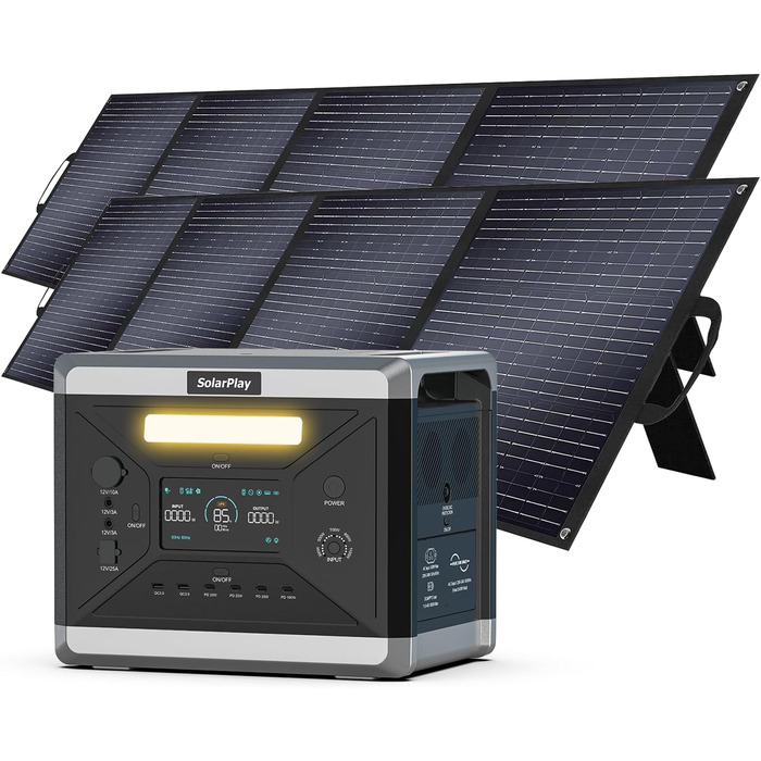 Портативна електростанція SolarPlay Q2501 з сонячною панеллю 200W, 2500W, 2304Wh LiFePO4, USB, AC-порти, 12V вихід, для кемпінгу, RV, надзвичайних ситуацій